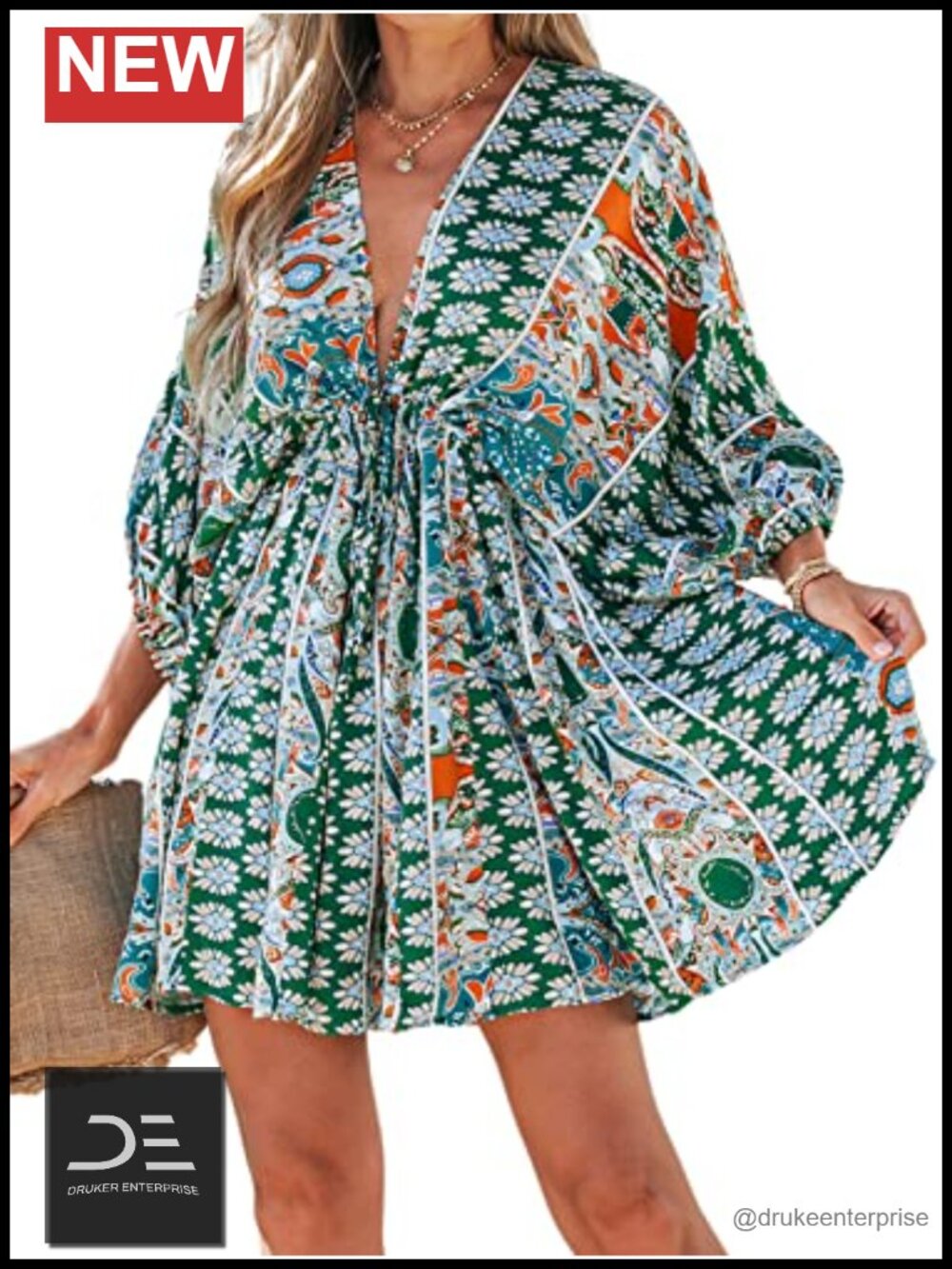 Paisley Floral Tie Front Boho Sundress 3/4 Sleeve Backless Mini Dress
